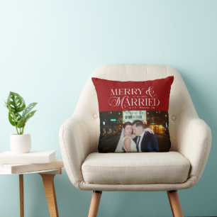 Merry and Married Newlyweds Photo First Christmas  Throw Pillow