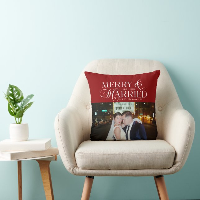 Merry and Married Newlyweds Photo First Christmas  Throw Pillow (Chair)