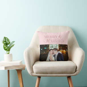 Merry and Married Newlyweds Photo First Christmas Throw Pillow