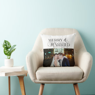 Merry and Married Newlyweds Photo First Christmas  Throw Pillow