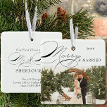 Merry and Married Photo and Mr and Mrs Calligraphy Ceramic Ornament<br><div class="desc">Merry & Married Christmas photo ornament which you can personalize with your favorite photo and persoanlized wording. Elegant typographic design with swirly calligraphy and easy to edit for a married couple. This holiday ornament is lettered with Merry & Married on one side and editable text on the other. The sample...</div>
