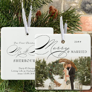 Merry and Married Photo and Mr and Mrs Calligraphy Ceramic Ornament