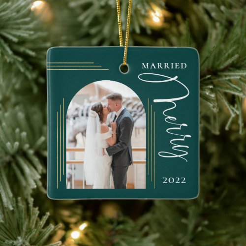 Merry and Married Photo Arch Frame  Ceramic Ornament