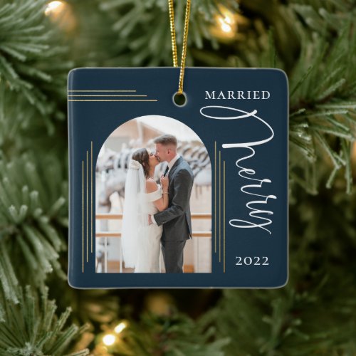 Merry and Married Photo Arch Frame   Ceramic Ornament