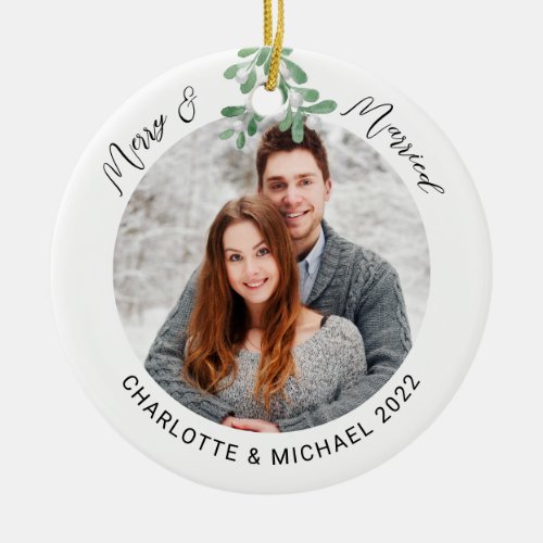 Merry and Married Photo Ceramic Ornament