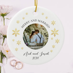 Merry And Married Photo Golden Snowflake Ceramic Ornament