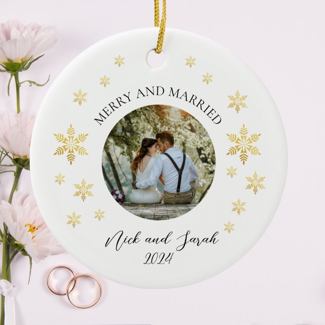 Merry And Married Photo Golden Snowflake Ceramic Ornament (Merry And Married Photo Golden Snowflake Ceramic Ornament)