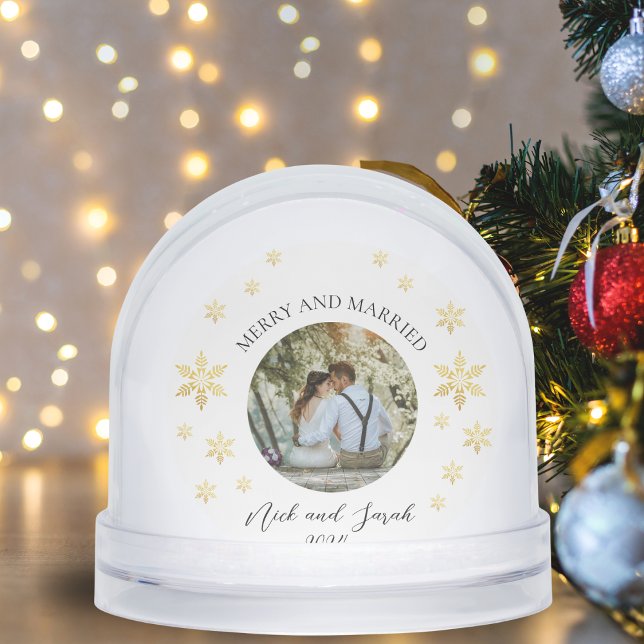 Merry And Married Photo Golden Snowflake Snow Globe (Merry And Married Photo Golden Snowflake Snow Globes)