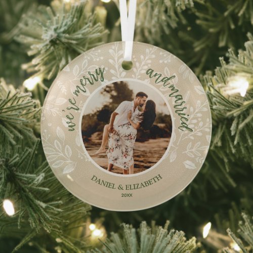 Merry and Married Photo Ivory Glass Ornament