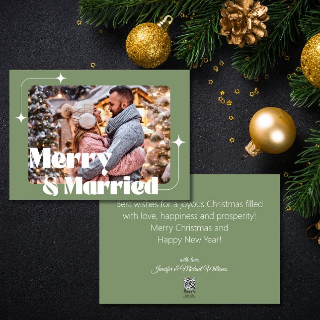 merry and married photo newlyweds retro green holiday card (Creator Uploaded)