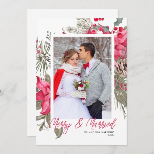 Merry and Married Photo Red Poinsettia Christmas Holiday Card