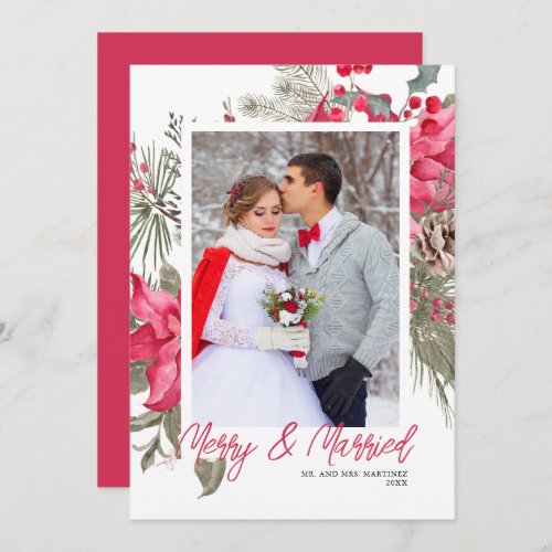 Merry and Married Photo Red Poinsettia Christmas Holiday Card