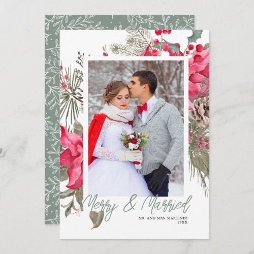 Merry and Married Photo Red Poinsettia Christmas Holiday Card