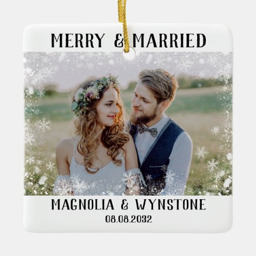 Merry and Married Photo Snowflake Ceramic Ornament