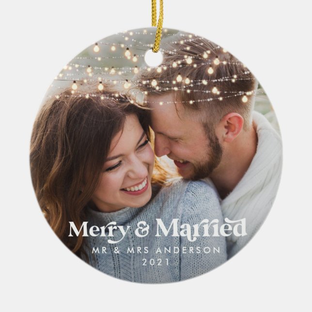 Merry and married photo wedding Christmas Twinkle  Ceramic Ornament (Front)
