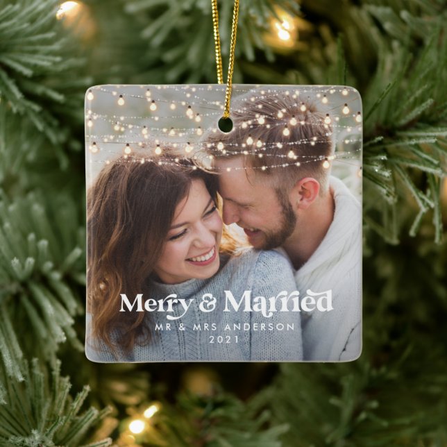 Merry and married photo wedding Christmas Twinkle  Ceramic Ornament (Tree)