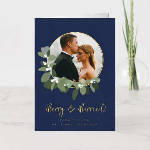Merry and Married Photo Wreath Gold Green Blue Foil Holiday Card