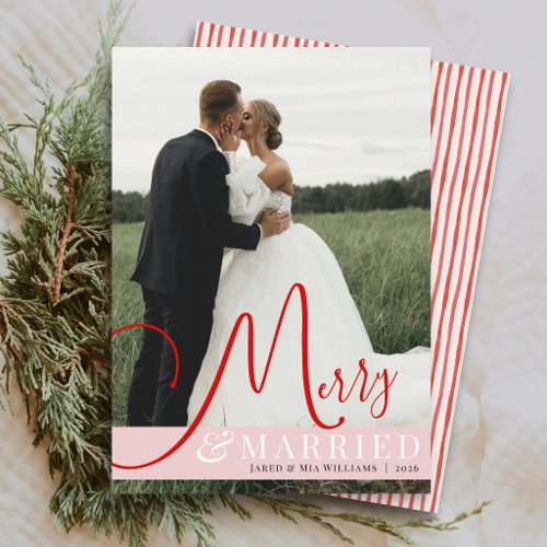 Merry and Married Red and Pink Photo Christmas Holiday Card
