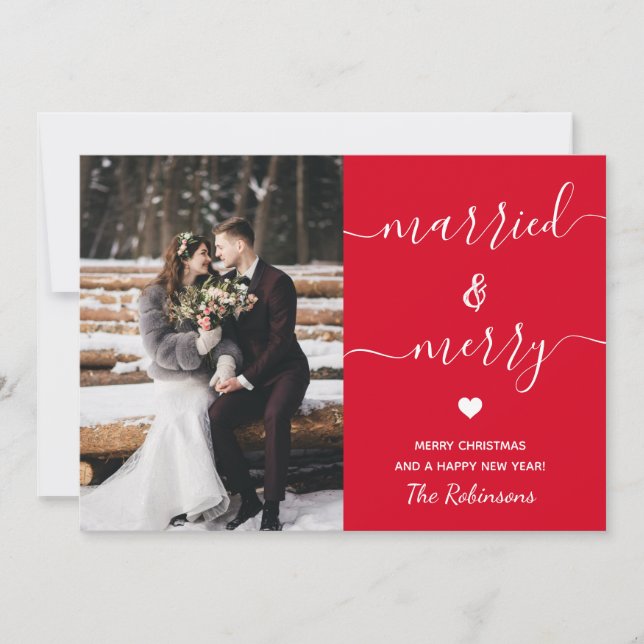 Merry and Married Red Christmas Holiday Photo Chic (Front)