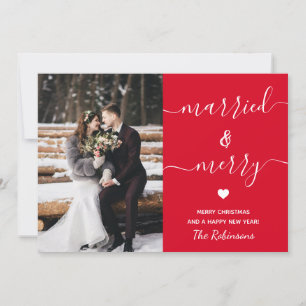 Merry and Married Red Christmas Holiday Photo Chic Card