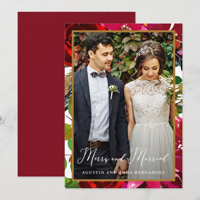 Merry and Married Red Floral Holiday Greeting (Front/Back)
