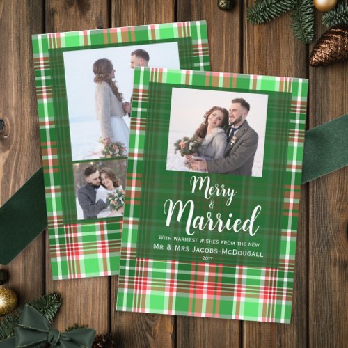 Merry and Married Red Green Plaid Photo Holiday Card