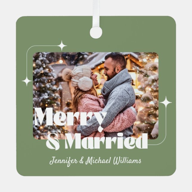 merry and married retro calligraphy photo green metal ornament (Front)