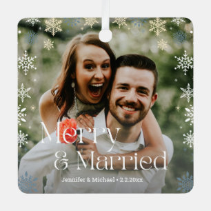 merry and married, retro script newlyweds photo metal ornament