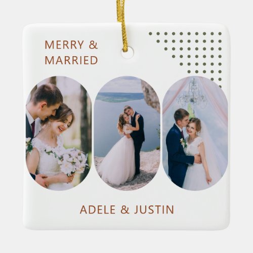 Merry and Married Rounded Lozenge Photos Any Color Ceramic Ornament