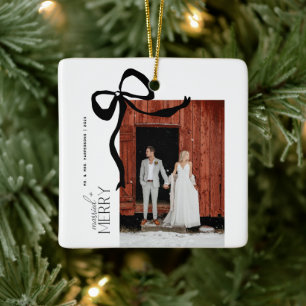 Merry and Married Script 2 Photos Christmas Bow Ceramic Ornament