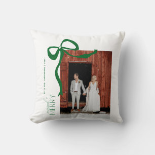 Merry and Married Script 2 Photos Christmas Bow Throw Pillow