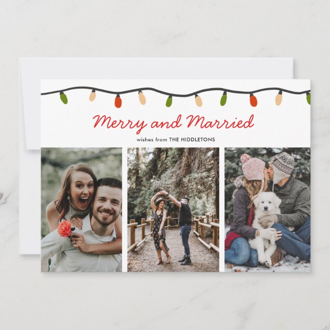 Merry and Married Script Christmas Lights | Photo Holiday Card (Front)