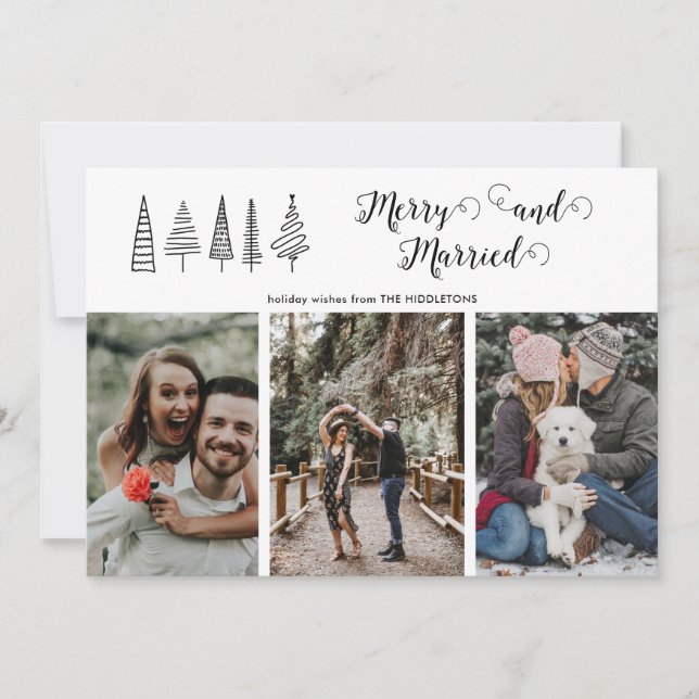 Merry and Married Script Christmas Tree | Photo  Holiday Card (Front)