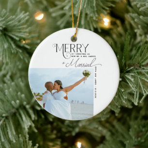 Merry and Married Script Photo Christmas Newlyweds Ceramic Ornament