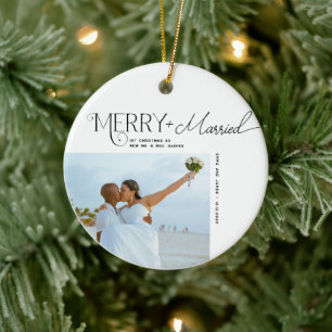 Merry and Married Script Photo Christmas Newlyweds Ceramic Ornament
