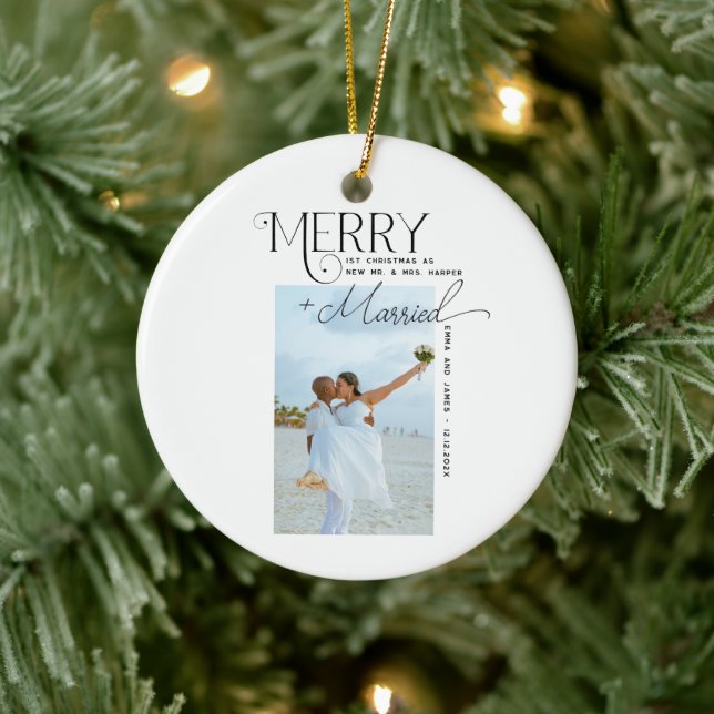 Merry and Married Script Photo Christmas Newlyweds Ceramic Ornament (Tree)