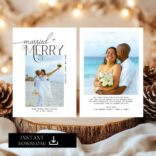 Merry and Married Script Photo Christmas Newlyweds Holiday Card
