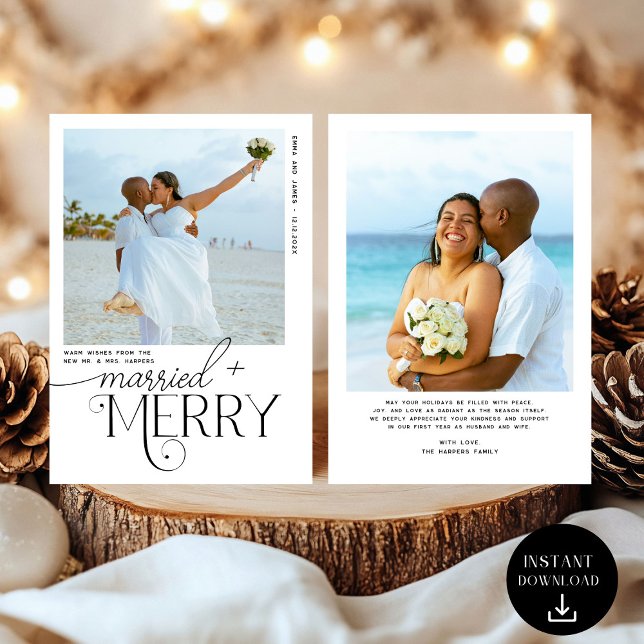 Merry and Married Script Photo Christmas Newlyweds Holiday Card (Creator Uploaded)