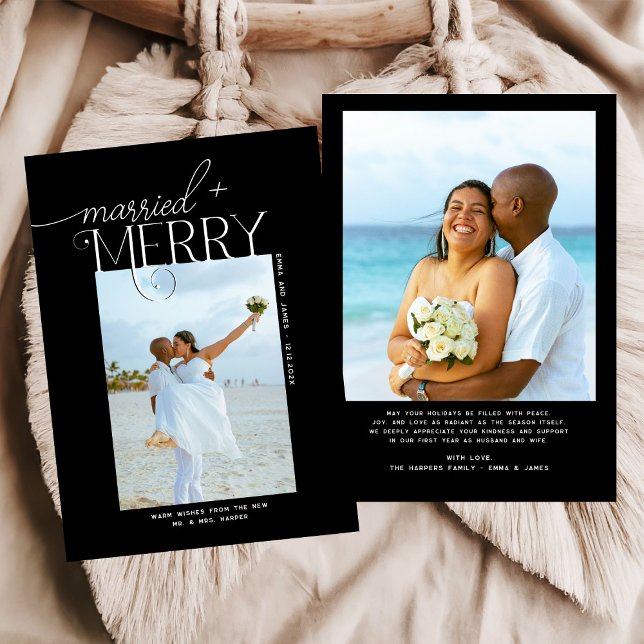 Merry and Married Script Photo Christmas Newlyweds Holiday Card (Creator Uploaded)