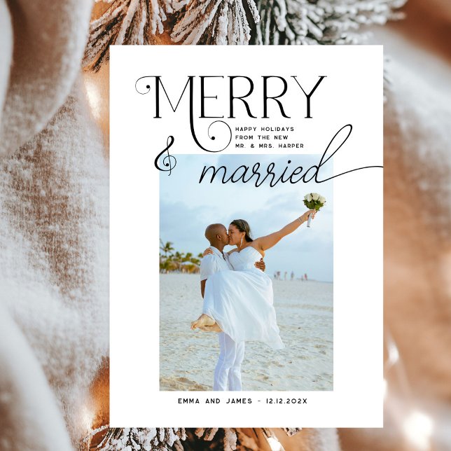 Merry and Married Script Photo Christmas Newlyweds Holiday Card (Creator Uploaded)