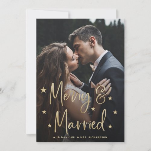 Merry and Married  Script Stars and Photo Holiday Card