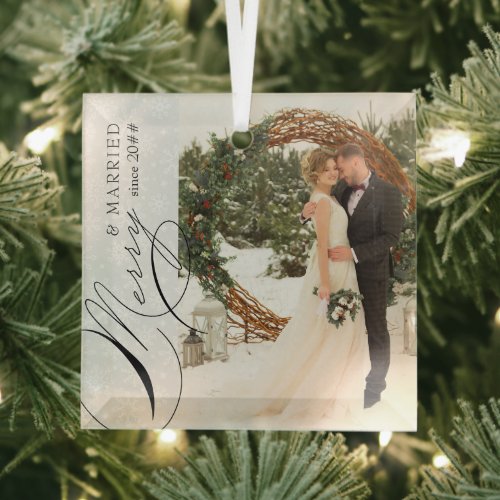 Merry and Married Script Vertical Photo Snowflake  Glass Ornament