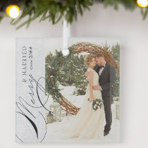 Merry and Married Script Vertical Photo Snowflake  Glass Ornament