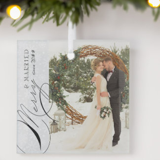 Merry and Married Script Vertical Photo Snowflake Glass Ornament