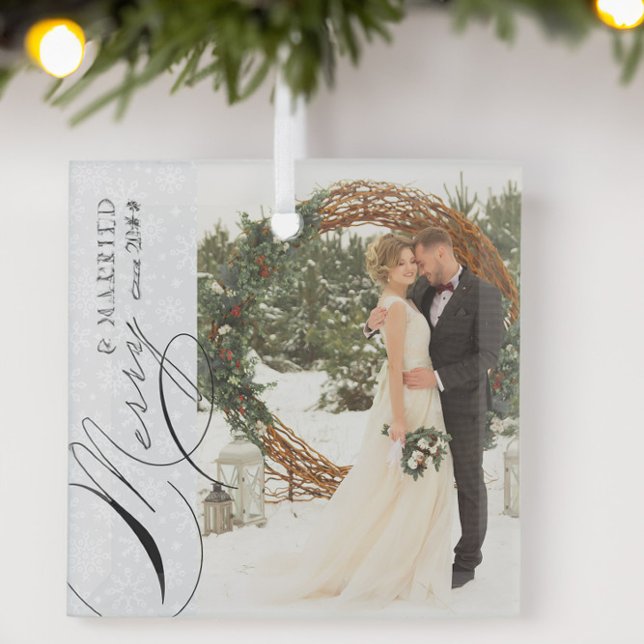 Merry and Married Script Vertical Photo Snowflake  Glass Ornament (Wedding Photo Christmas Ornament from Newlywed Christmas Gift Ideas collection by Darling & May)
