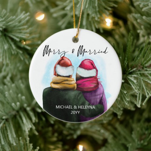 Merry and Married Script Watercolor Couple Names Ceramic Ornament