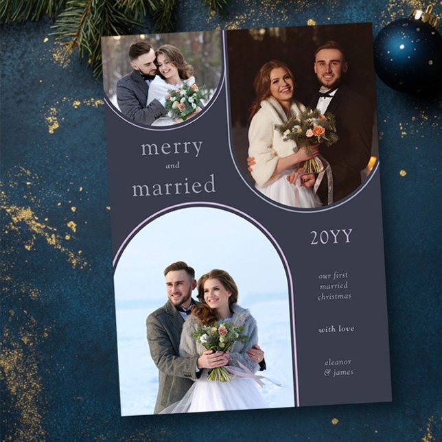 Merry and Married Simple Modern Newlywed 3 Photo Holiday Card (Merry and Married Christmas Photo Card by Darling & May)