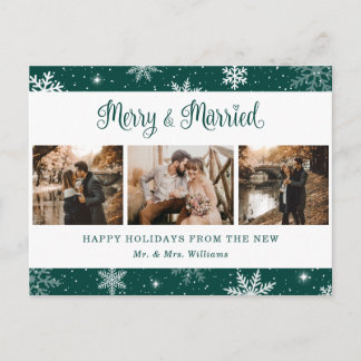 Merry and Married Snowflake Green Photo Collage Holiday Postcard