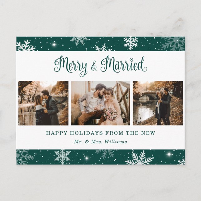 Merry and Married Snowflake Green Photo Collage Holiday Postcard (Front)