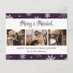 Merry and Married Snowflake Purple Photo Collage Holiday Postcard